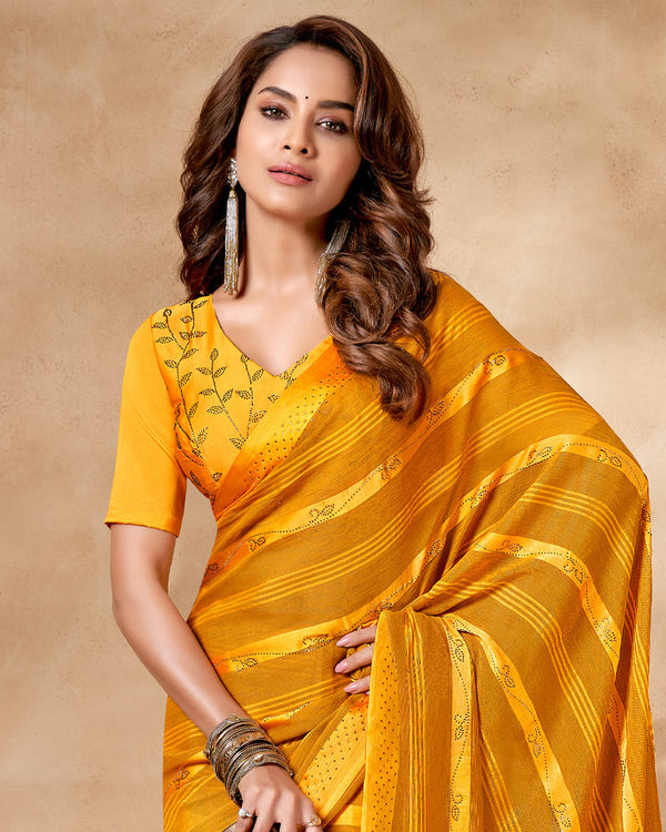 Vishal Prints Ochre Satin Brasso Designer Saree With Stone Work