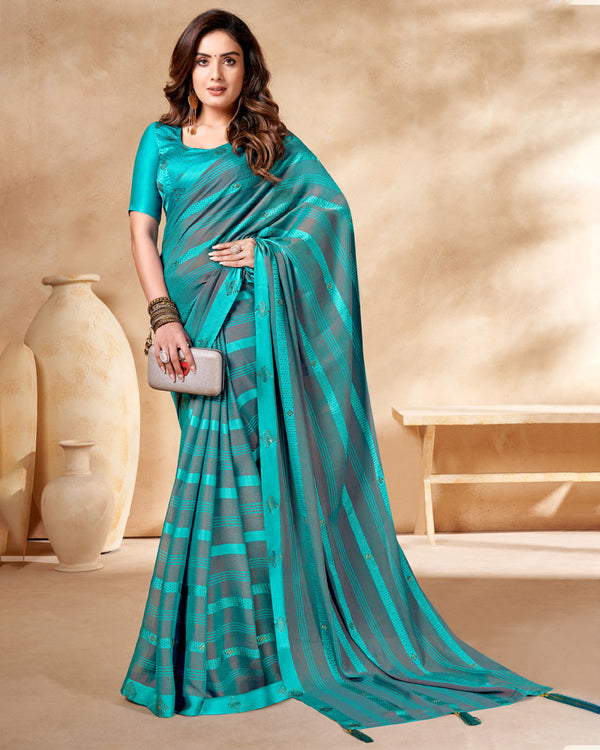 Vishal Prints Dark Turquoise Blue Satin Brasso Designer Saree With Stone Work