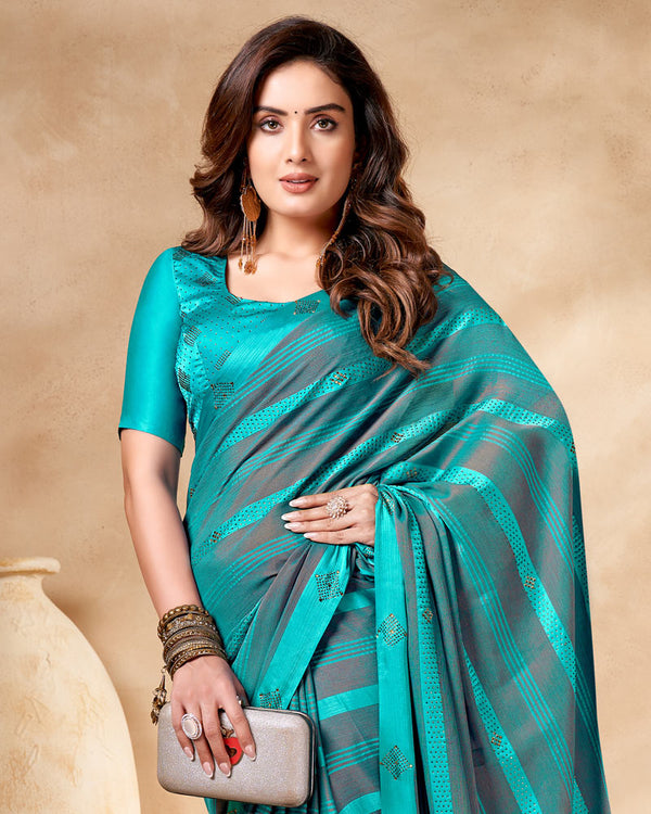 Vishal Prints Dark Turquoise Blue Satin Brasso Designer Saree With Stone Work