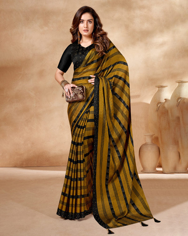 Vishal Prints Dark Mustard Satin Brasso Designer Saree With Stone Work