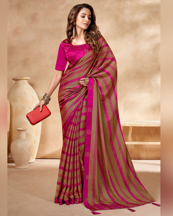 Vishal Prints Hot Pink Satin Brasso Designer Saree With Stone Work