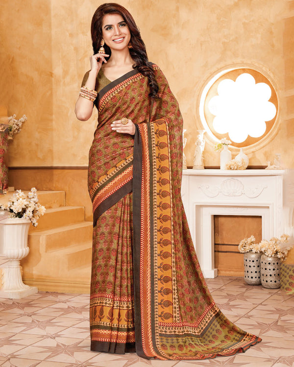 Vishal Prints Khakhi Brown Criva Crepe Digital Print Saree