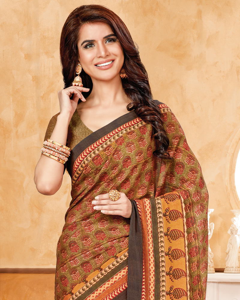 Vishal Prints Khakhi Brown Criva Crepe Digital Print Saree