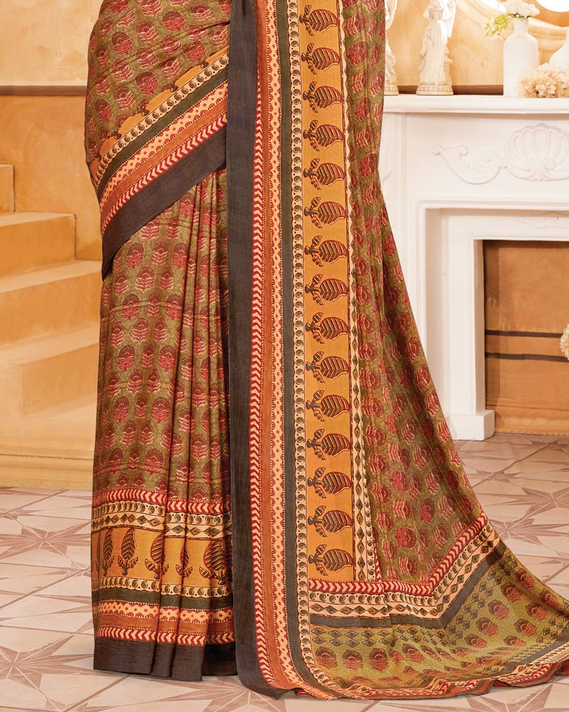 Vishal Prints Khakhi Brown Criva Crepe Digital Print Saree