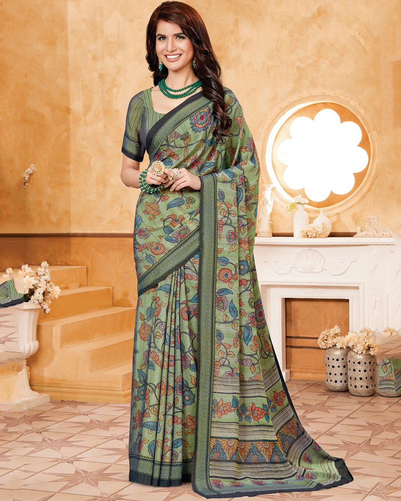 Vishal Prints Turquoise Green Criva Crepe Digital Print Saree