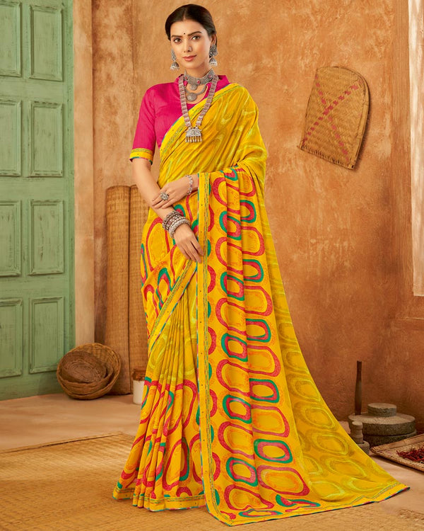 Vishal Prints Dark Yellow Weightless Printed Georgette Saree With Fancy Border