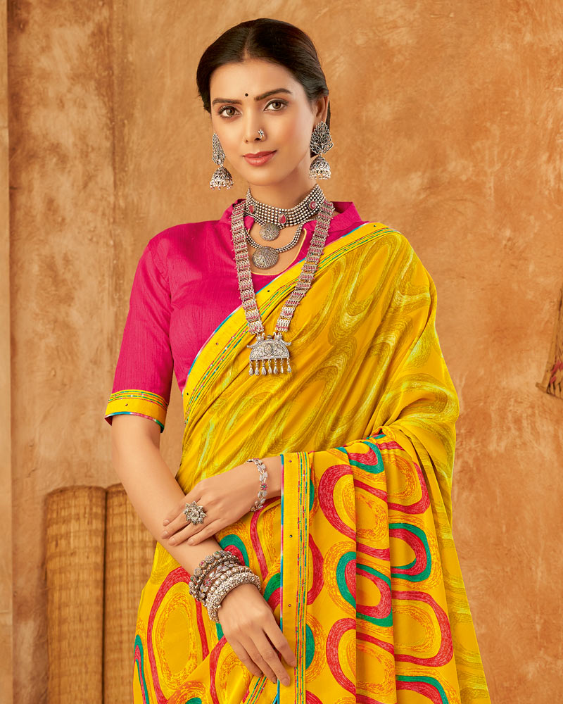 Vishal Prints Dark Yellow Weightless Printed Georgette Saree With Fancy Border