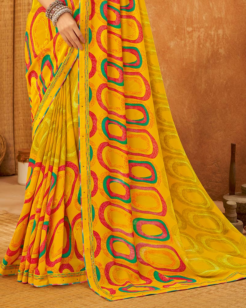 Vishal Prints Dark Yellow Weightless Printed Georgette Saree With Fancy Border