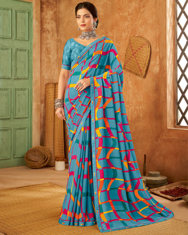 Vishal Prints Pastel Teal Blue Weightless Printed Georgette Saree With Fancy Border