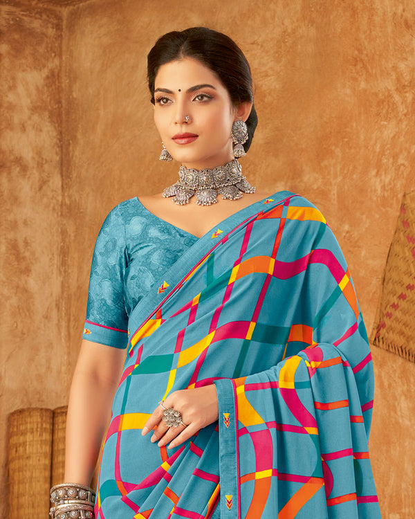 Vishal Prints Pastel Teal Blue Weightless Printed Georgette Saree With Fancy Border