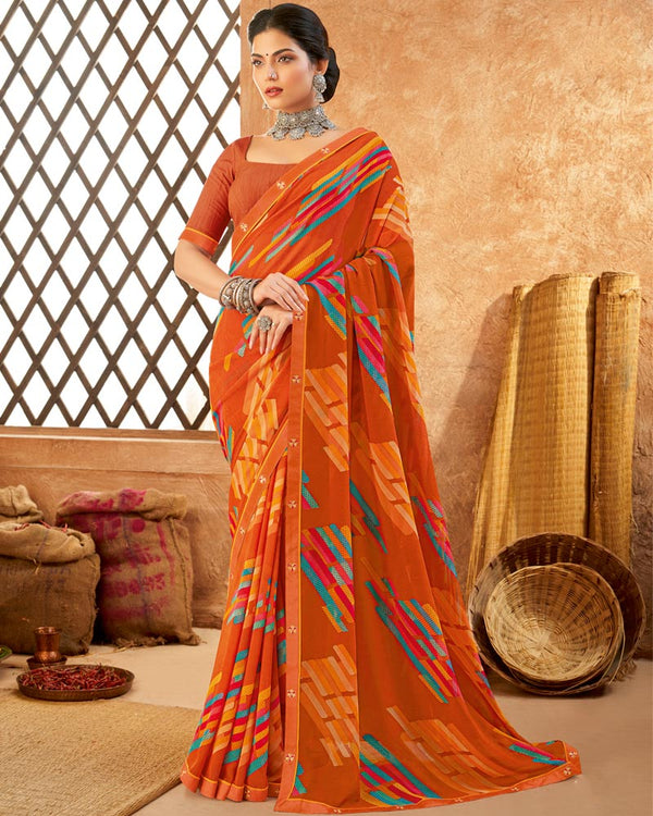 Vishal Prints Dark Orange Weightless Printed Georgette Saree With Fancy Border