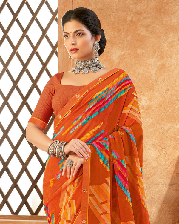 Vishal Prints Dark Orange Weightless Printed Georgette Saree With Fancy Border