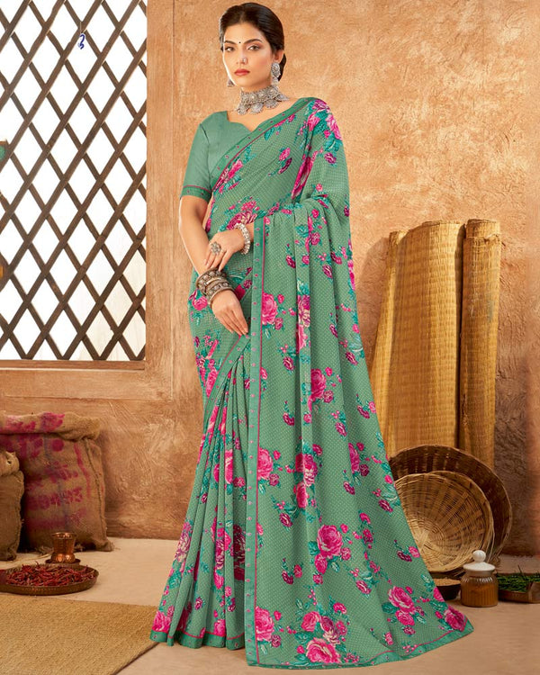 Vishal Prints Pastel Sea Green Weightless Printed Georgette Saree With Fancy Border