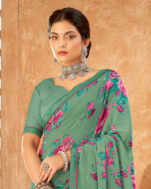 Vishal Prints Pastel Sea Green Weightless Printed Georgette Saree With Fancy Border