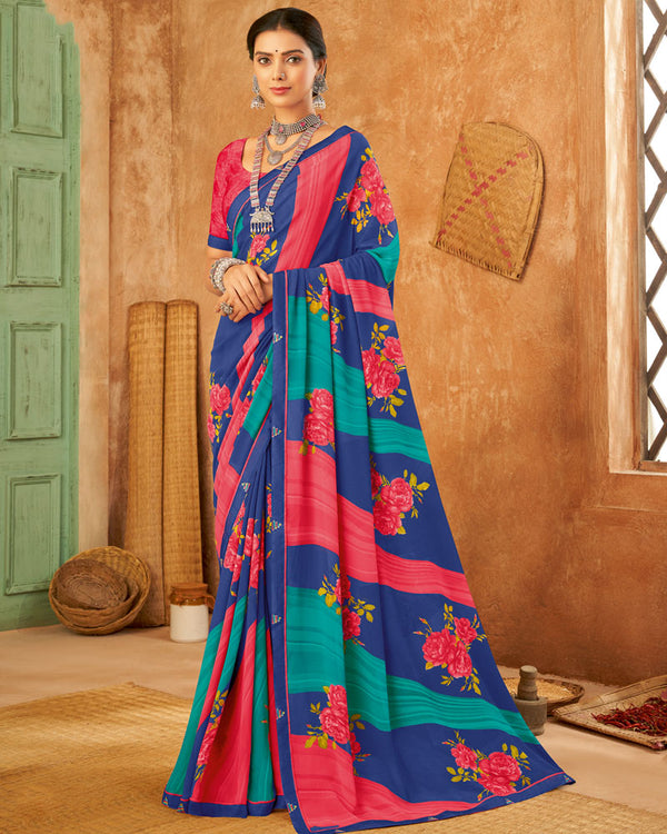 Vishal Prints Royal Blue Weightless Printed Georgette Saree With Fancy Border