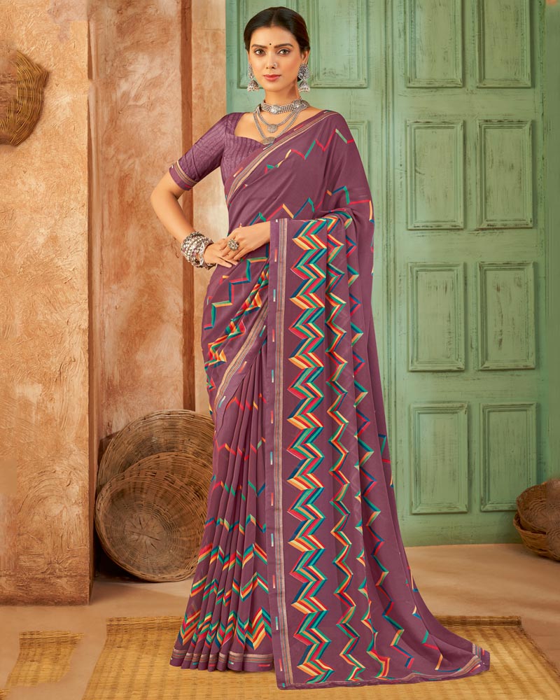 Vishal Prints Dark Mauve Weightless Printed Georgette Saree With Fancy Border