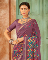 Vishal Prints Dark Mauve Weightless Printed Georgette Saree With Fancy Border