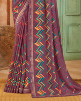 Vishal Prints Dark Mauve Weightless Printed Georgette Saree With Fancy Border