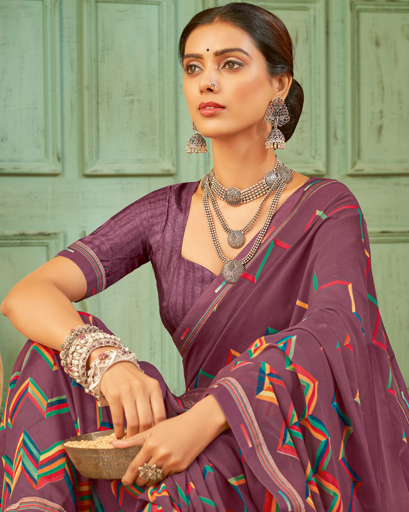 Vishal Prints Dark Mauve Weightless Printed Georgette Saree With Fancy Border