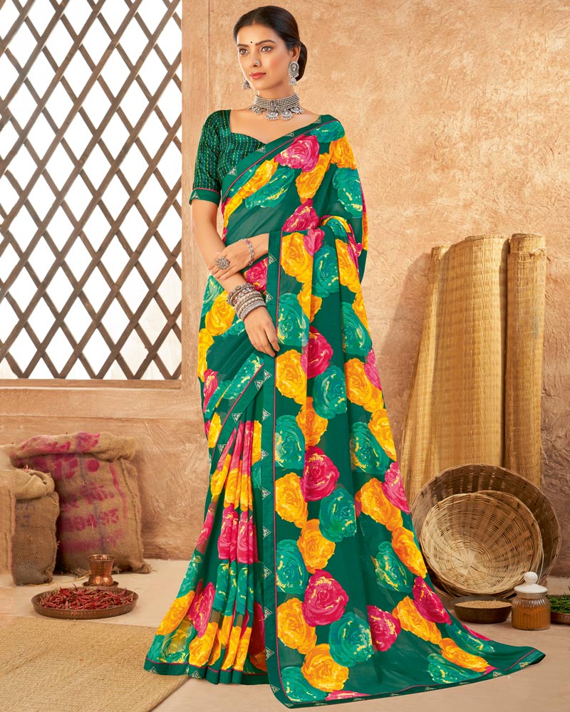 Vishal Prints Deep Sea Green Weightless Printed Georgette Saree With Fancy Border