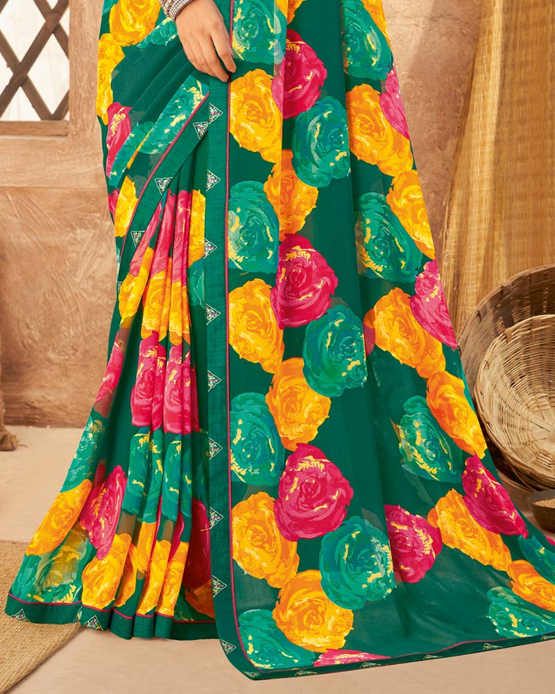 Vishal Prints Deep Sea Green Weightless Printed Georgette Saree With Fancy Border