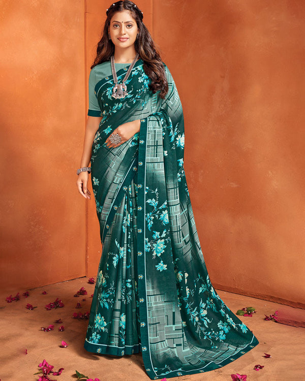 Vishal Prints Bottle Green Printed Criva Crepe Saree With Fancy Border