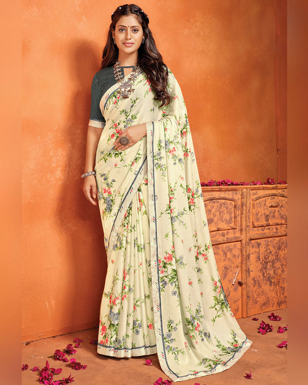 Vishal Prints Spanish White Printed Criva Crepe Saree With Fancy Border