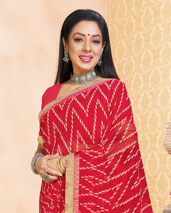 Vishal Prints Cherry Red Printed Georgette Saree With Border