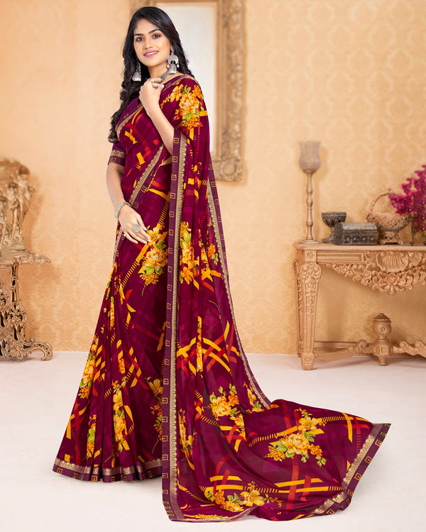 Vishal Prints Wine Printed Georgette Saree With Border