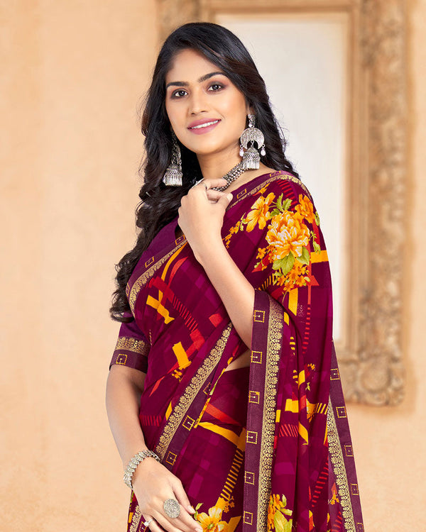 Vishal Prints Wine Printed Georgette Saree With Border