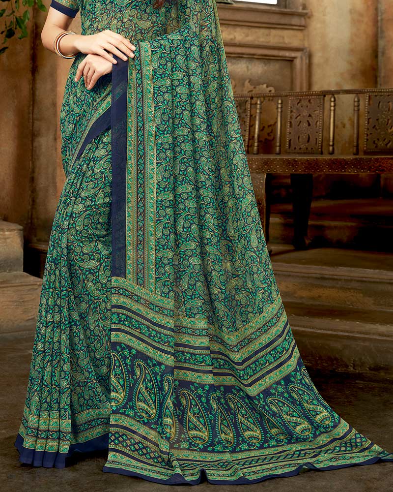 Vishal Prints Teal Digital Print Georgette Saree