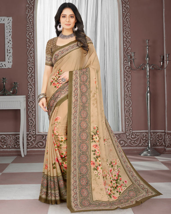 Vishal Prints Very Light Brown Digital Print Criva Crepe Saree