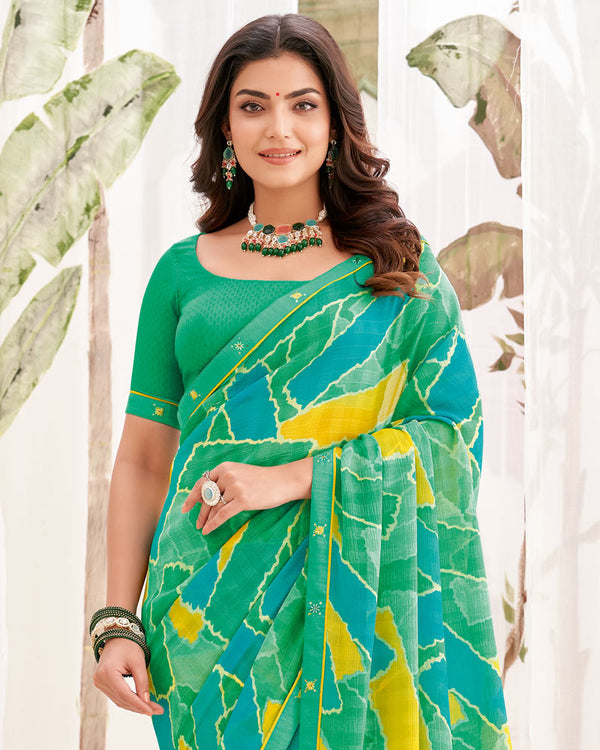 Vishal Prints Dark Mint Green Printed Patterned Georgette Saree With Fancy Border