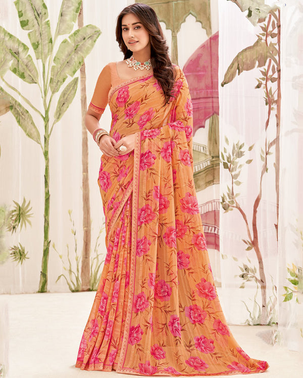 Vishal Prints Dark Peach Printed Patterned Georgette Saree With Fancy Border