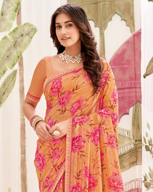 Vishal Prints Dark Peach Printed Patterned Georgette Saree With Fancy Border