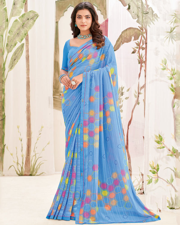 Vishal Prints Pastel Blue Printed Patterned Georgette Saree With Fancy Border