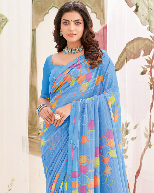 Vishal Prints Pastel Blue Printed Patterned Georgette Saree With Fancy Border