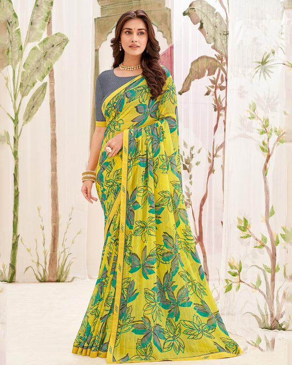 Vishal Prints Lime Yellow Printed Patterned Georgette Saree With Fancy Border