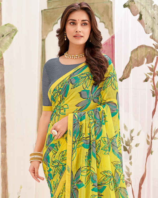 Vishal Prints Lime Yellow Printed Patterned Georgette Saree With Fancy Border