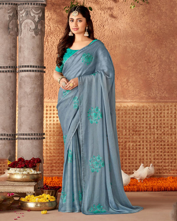 Vishal Prints Bluish Grey Designer Fancy Chiffon Saree With Embroidery And Diamond Work