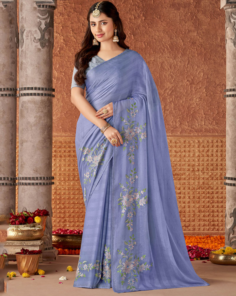 Vishal Prints Wild Blue Yonder Designer Fancy Chiffon Saree With Embroidery And Diamond Work