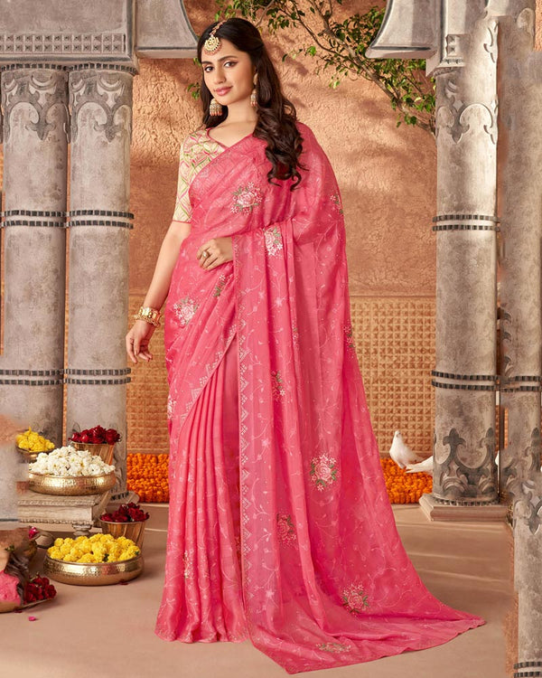 Vishal Prints Sunglo Pink Designer Fancy Chiffon Saree With Embroidery And Diamond Work