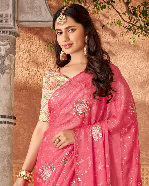 Vishal Prints Sunglo Pink Designer Fancy Chiffon Saree With Embroidery And Diamond Work