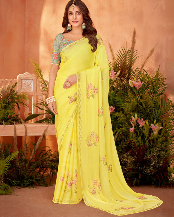 Vishal Prints Pastel Yellow Designer Fancy Chiffon Saree With Embroidery And Diamond Work