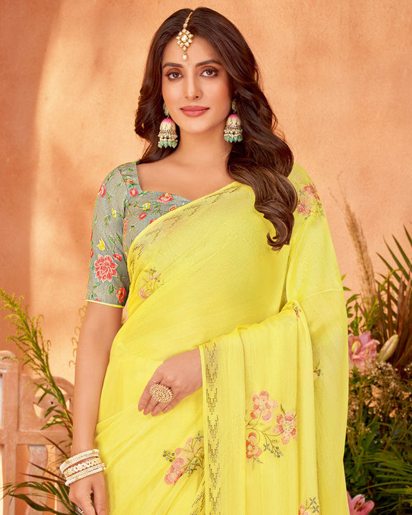 Vishal Prints Pastel Yellow Designer Fancy Chiffon Saree With Embroidery And Diamond Work