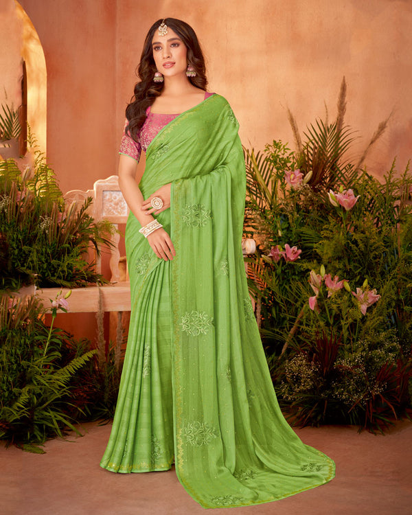 Vishal Prints Avocado Green Designer Fancy Chiffon Saree With Embroidery And Diamond Work