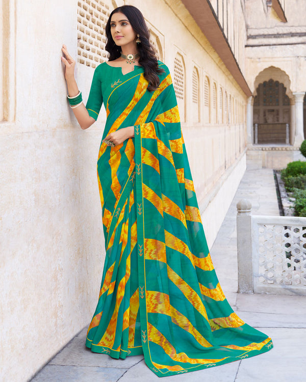 Vishal Prints Teal Green Printed Georgette Saree With Fancy Border