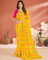 Vishal Prints Dark Yellow Printed Georgette Saree With Fancy Border