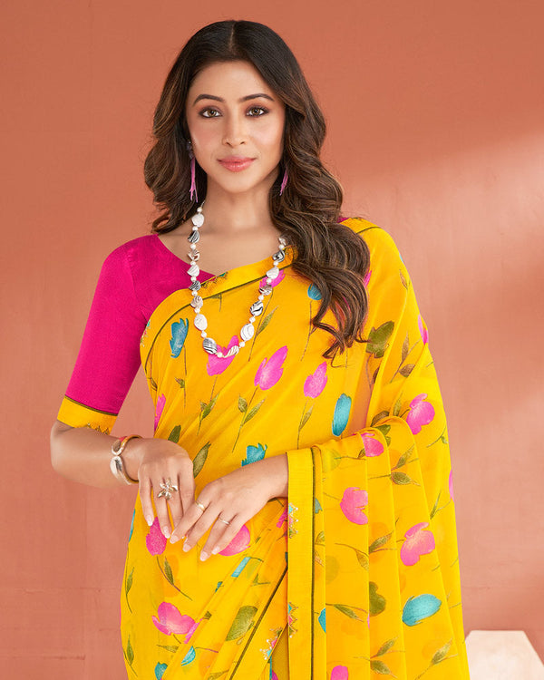 Vishal Prints Dark Yellow Printed Georgette Saree With Fancy Border