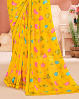 Vishal Prints Dark Yellow Printed Georgette Saree With Fancy Border